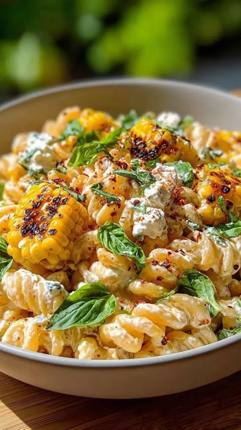 A large bowl of creamy street corn pasta salad with charred corn, cotija cheese, and fresh cilantro.