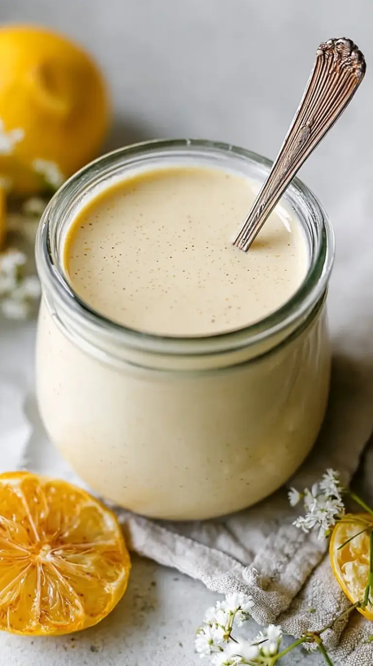 A small glass bowl filled with smooth, pale gold creamy tahini dressing with a silver whisk resting nearby.