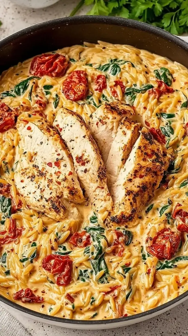 A skillet filled with creamy orzo, seared chicken, sun-dried tomatoes, and fresh spinach.