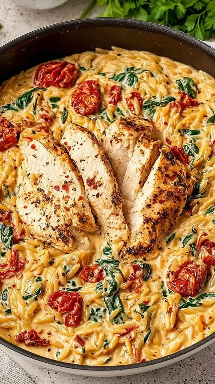 A skillet filled with creamy orzo, seared chicken, sun-dried tomatoes, and fresh spinach.