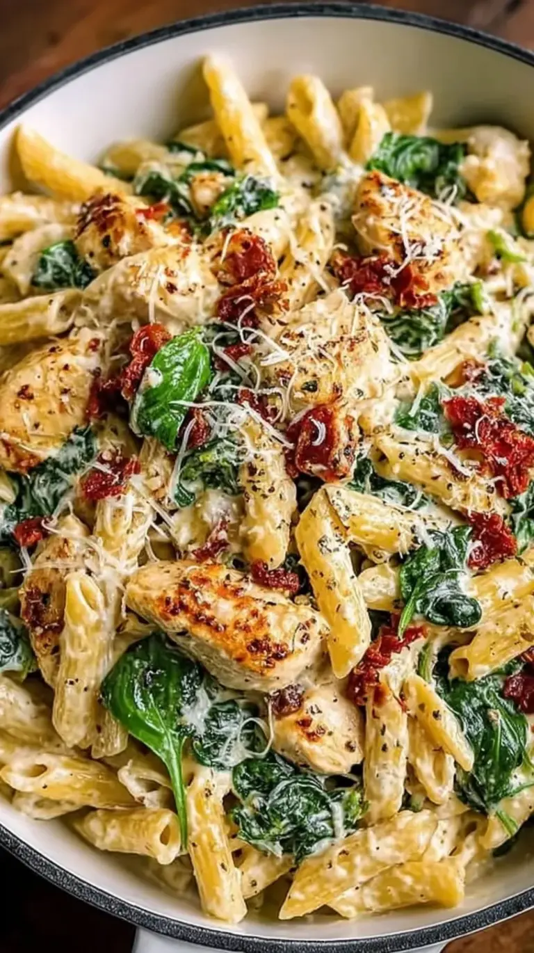 A plate of creamy Tuscan chicken pasta with sun-dried tomatoes and spinach