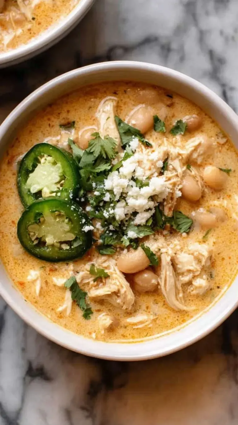 A white bowl filled with creamy white chicken chili topped with fresh cilantro and avocado