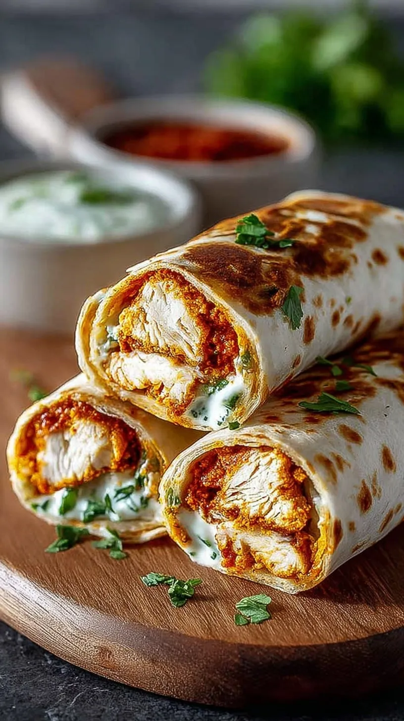 Golden brown crispy air fryer chicken wraps sliced in half showing melted mozzarella cheese