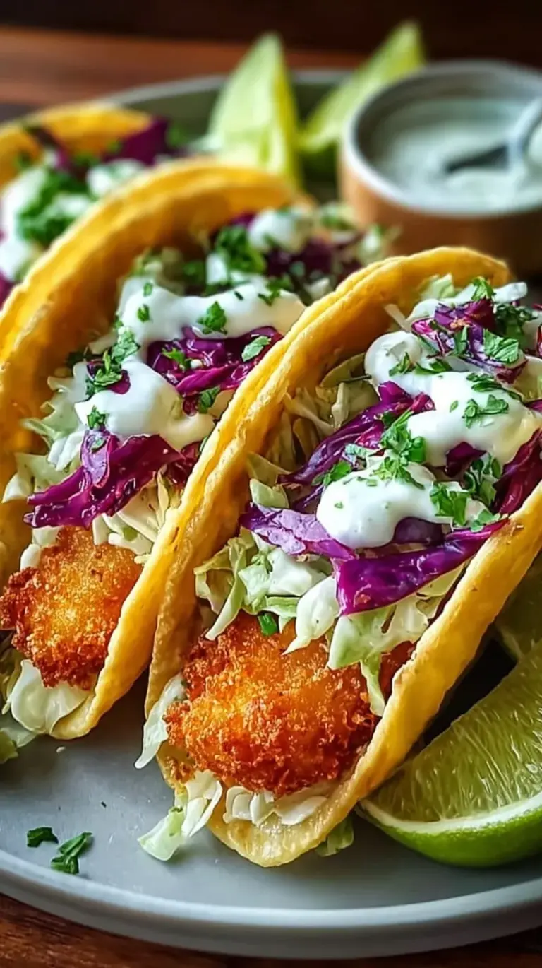 Golden brown crispy fish tacos topped with purple cabbage and white lime crema on a corn tortilla.