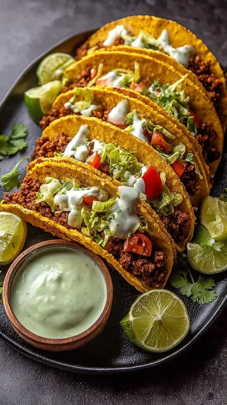 A row of crispy baked ground turkey tacos in a baking dish topped with green avocado sauce