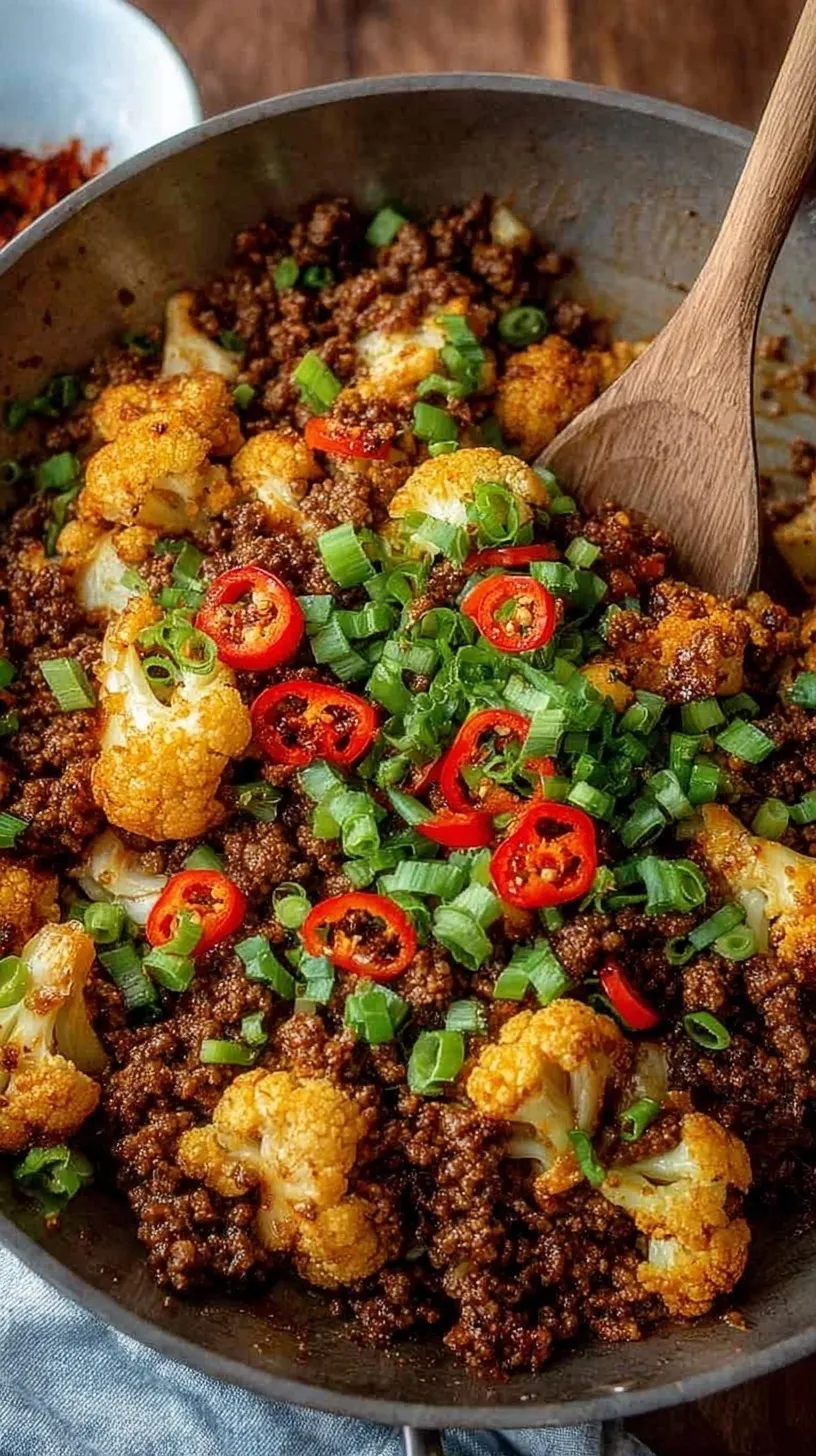 A golden-brown crispy beef and cauliflower skillet garnished with fresh green scallions in a cast iron pan.