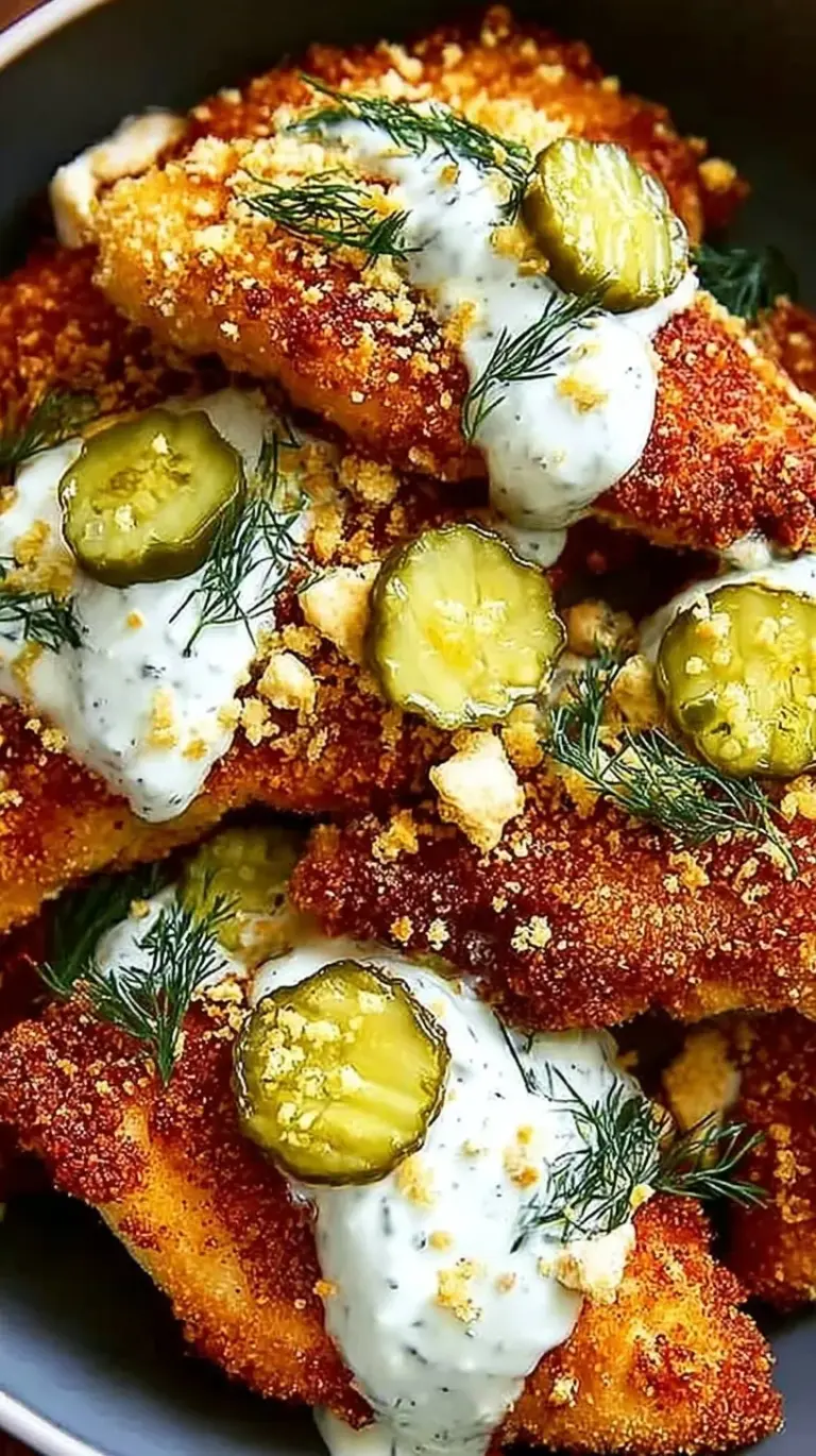 Golden brown crispy dill pickle chicken on a wire rack with fresh dill sprigs