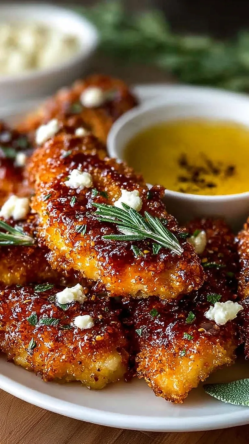 Golden brown crispy chicken nuggets drizzled with hot honey glaze and sprinkled with white feta cheese and green parsley.