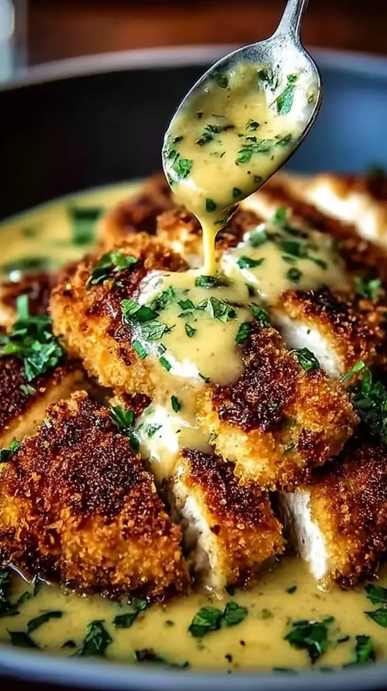 Golden brown crispy parmesan chicken cutlets drizzled with creamy garlic sauce and fresh parsley.
