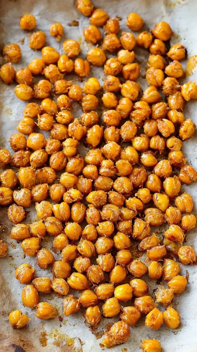 A baking sheet filled with golden brown, spiced crispy roasted chickpeas on parchment paper.