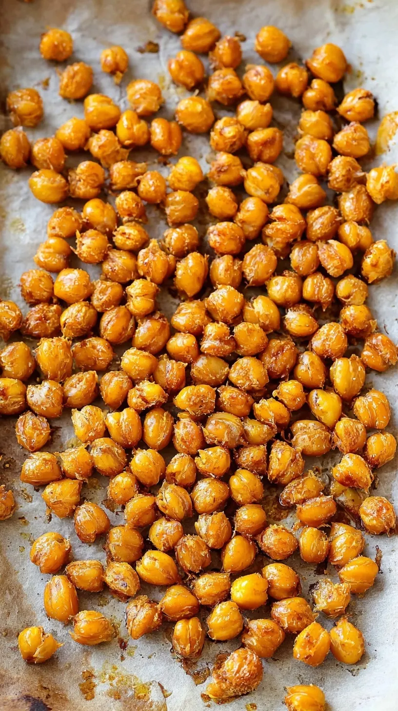 A baking sheet filled with golden brown, spiced crispy roasted chickpeas on parchment paper.