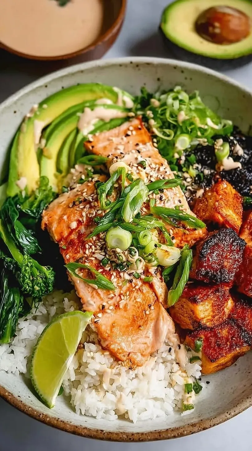 Two vibrant bowls filled with seared salmon cubes, green edamame, sliced avocado, and cucumber over white rice.