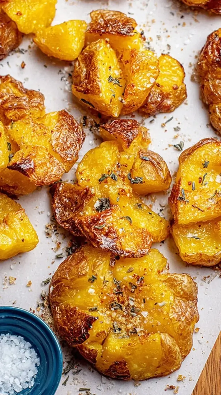 Golden brown crispy smashed potatoes on a baking sheet garnished with fresh rosemary