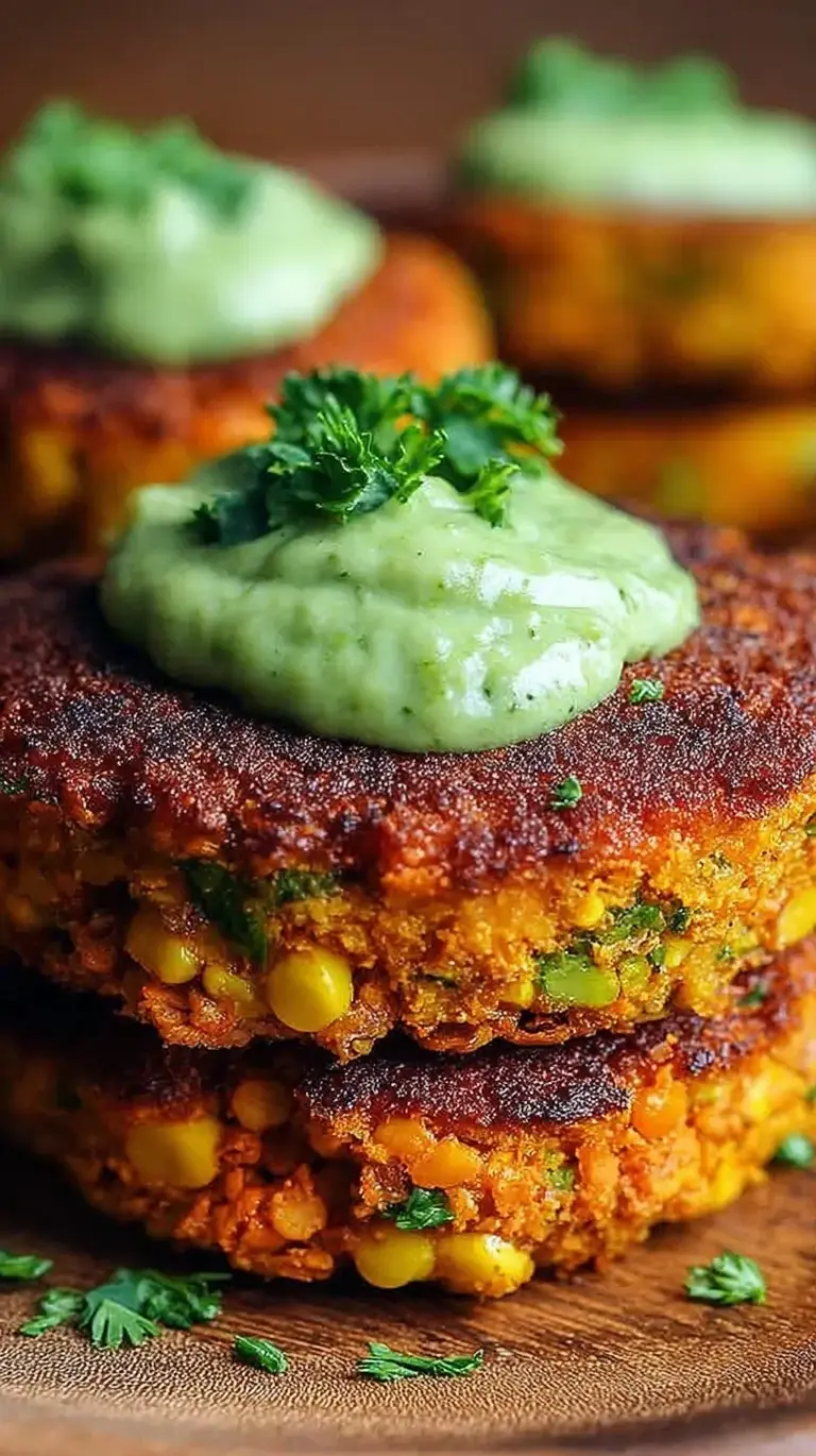 Golden-brown crispy sweet potato and red lentil patties served with green avocado sauce on a white plate.