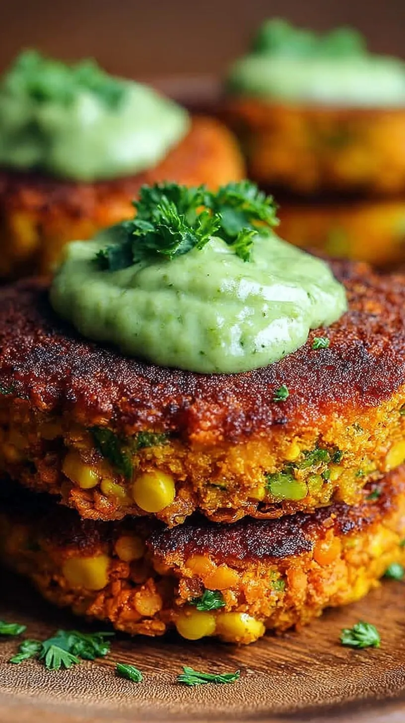 Golden-brown crispy sweet potato and red lentil patties served with green avocado sauce on a white plate.