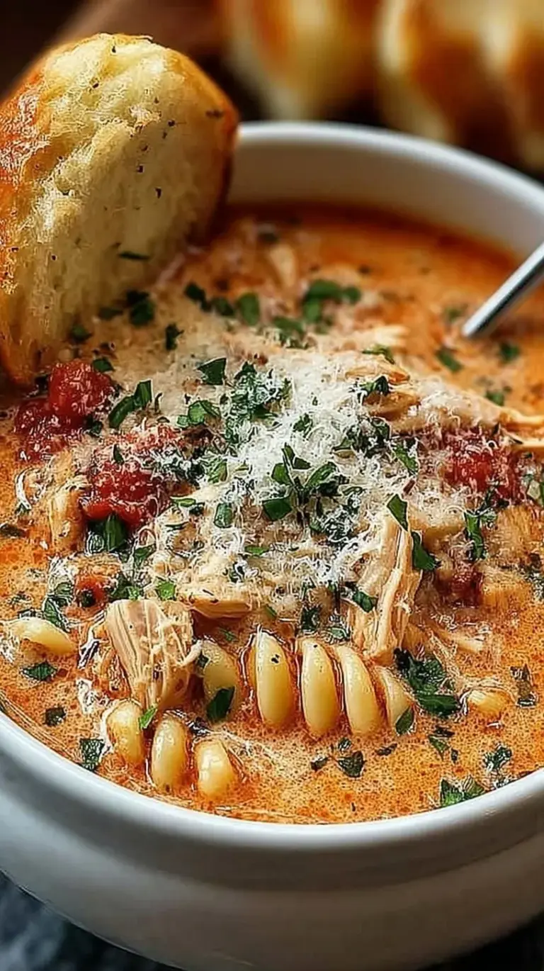 A bowl of tomato-based chicken parmesan soup topped with melted mozzarella and fresh parsley