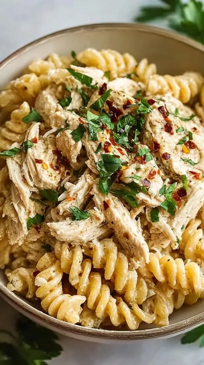 A bowl of creamy garlic parmesan chicken pasta with fresh parsley garnish