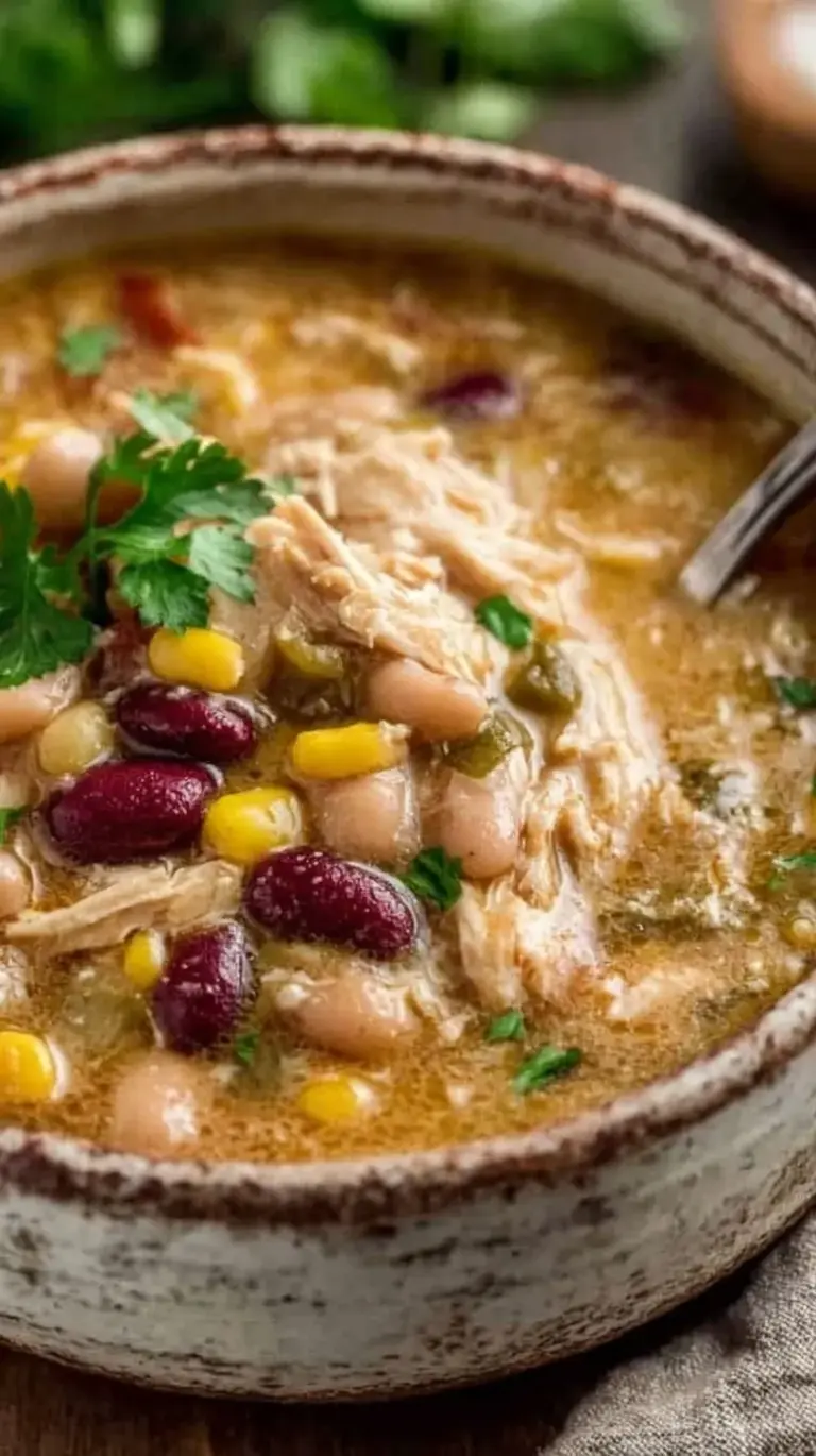 A bowl of creamy white chicken chili topped with cilantro and lime