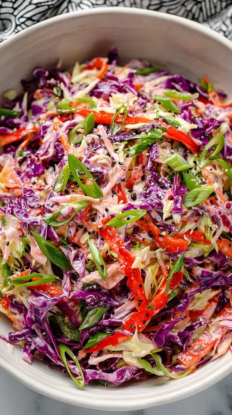 A vibrant bowl of purple and green shredded cabbage slaw with carrots and toasted almonds.