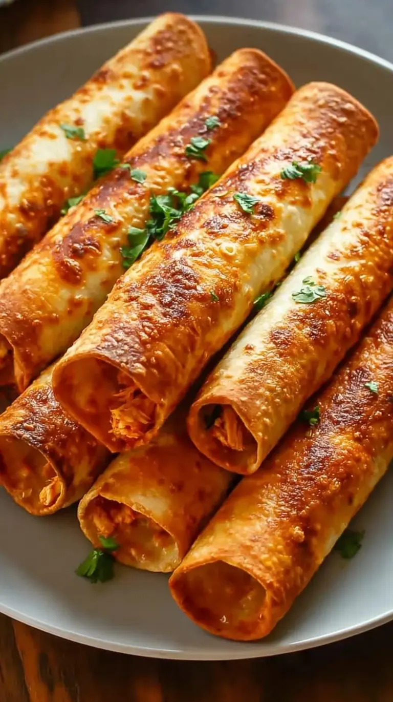 A platter of golden brown, crispy baked chicken taquitos served with guacamole and lime wedges.