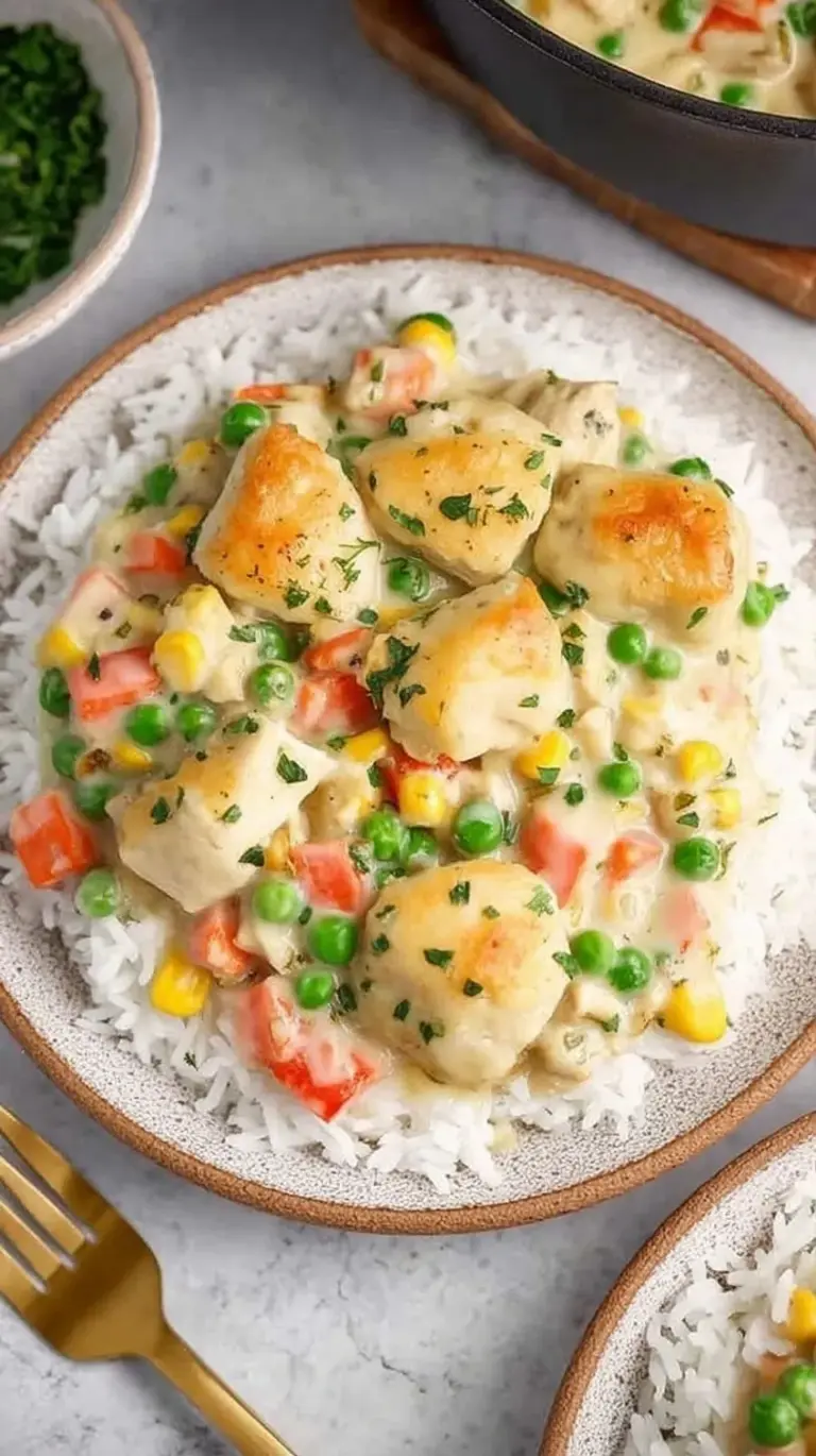 A steaming skillet of creamy chicken and vegetable filling garnished with fresh parsley