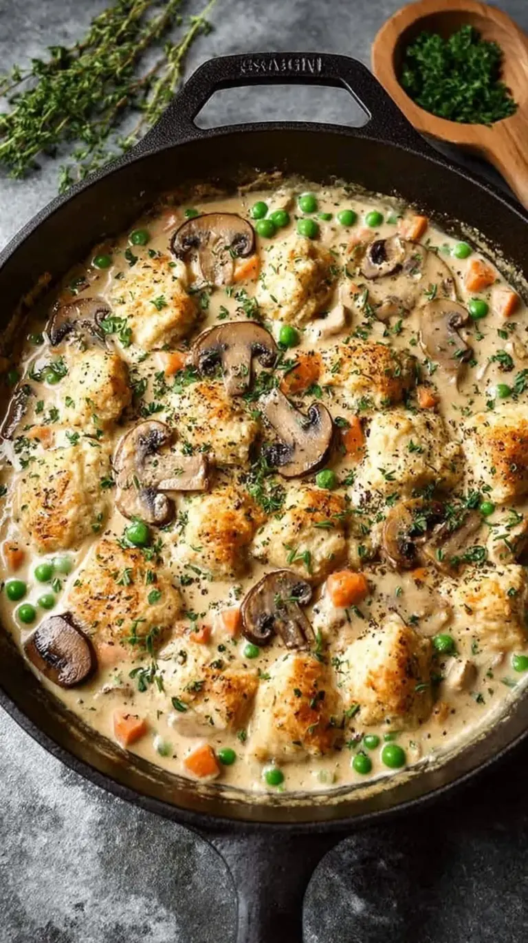 A steaming skillet of creamy chicken pot pie with carrots, peas, and fresh parsley
