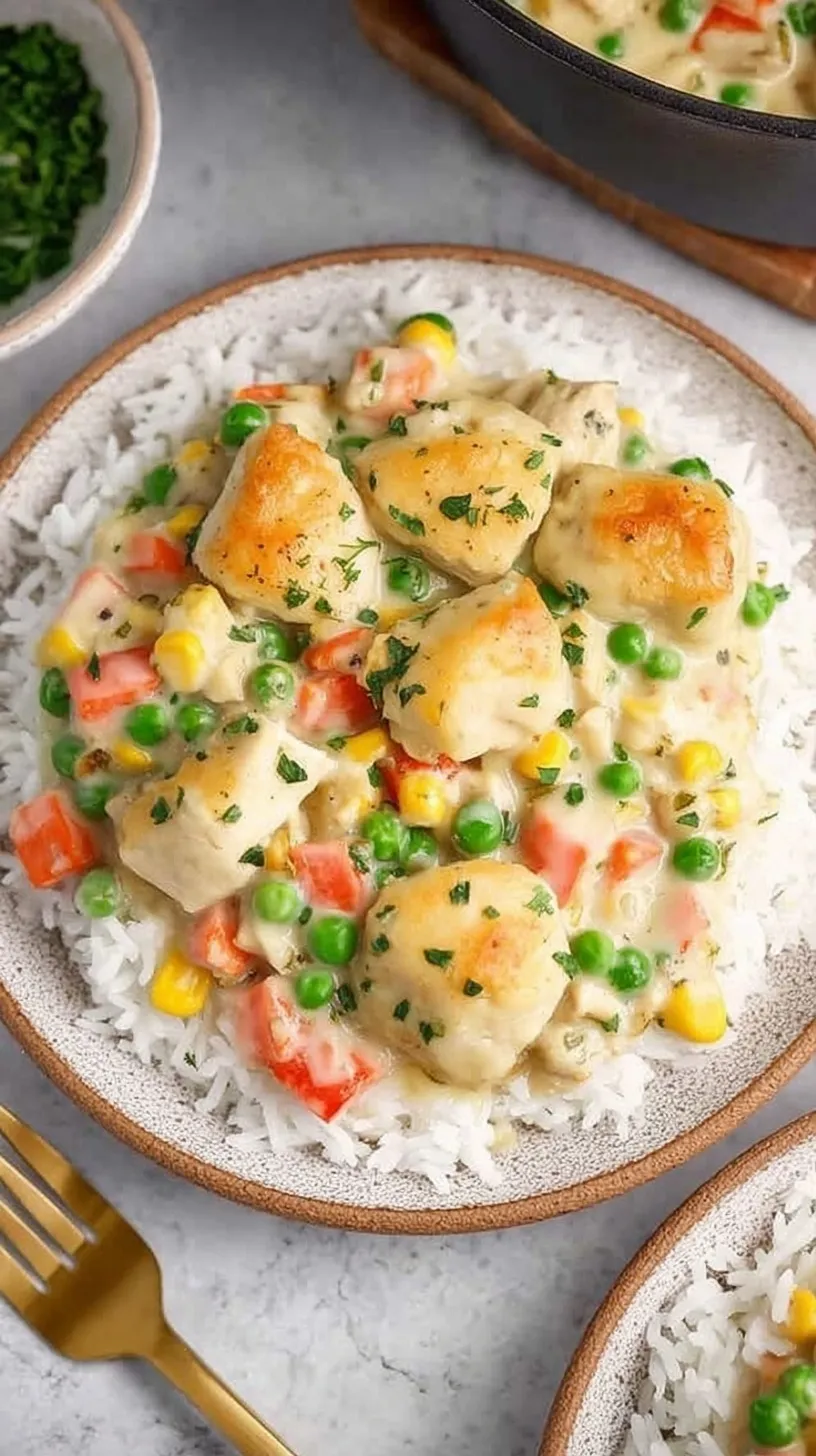 A steaming skillet of creamy chicken and vegetable filling garnished with fresh parsley
