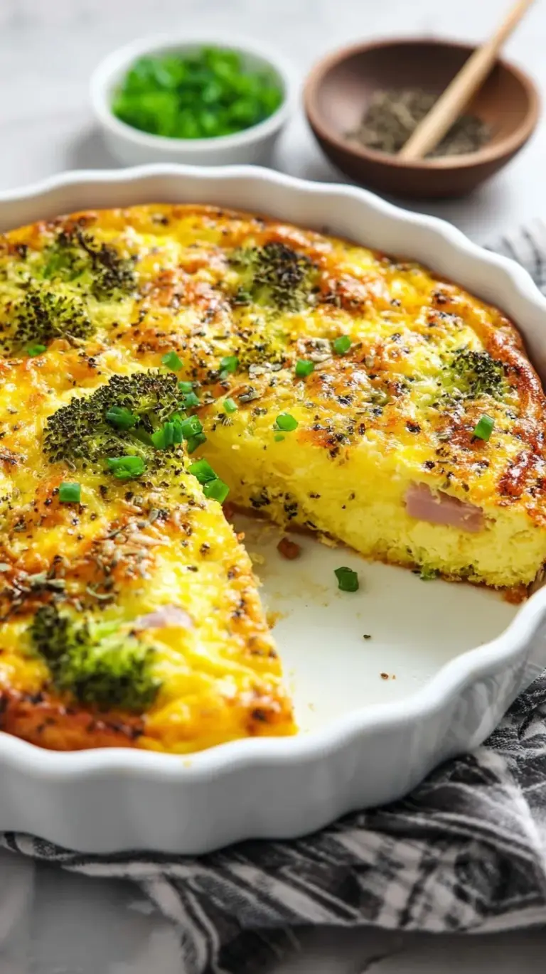 A golden-brown crustless quiche with spinach and bacon in a white pie dish.