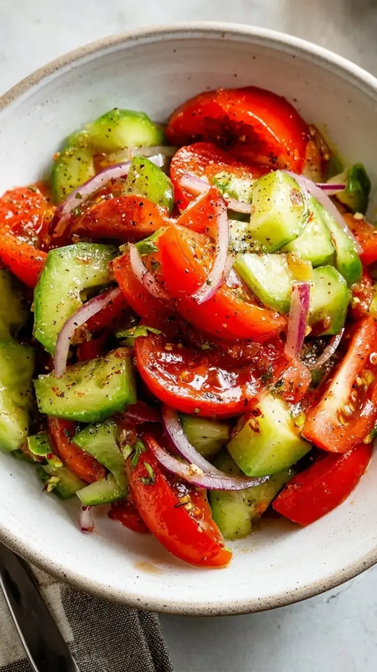A bright bowl of sliced cucumbers, red tomatoes, and purple onions tossed in herb vinaigrette.