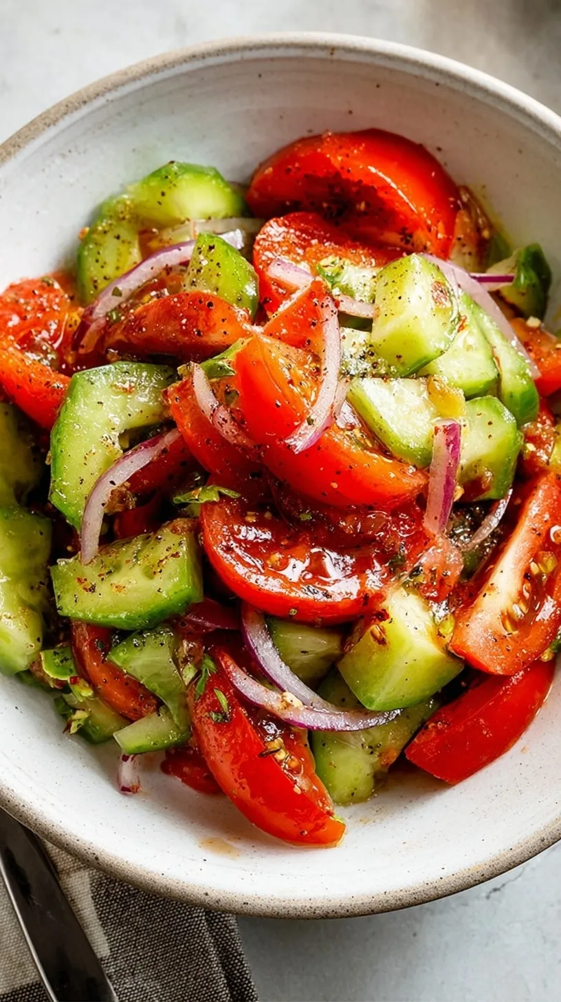 A bright bowl of sliced cucumbers, red tomatoes, and purple onions tossed in herb vinaigrette.