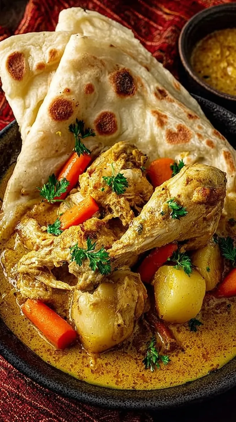 A golden curry chicken and potato filling wrapped inside a soft dhalpuri roti on a plate.