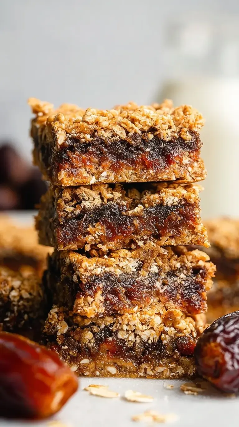 A stack of golden brown date bars with a visible jammy center and oat crumble topping