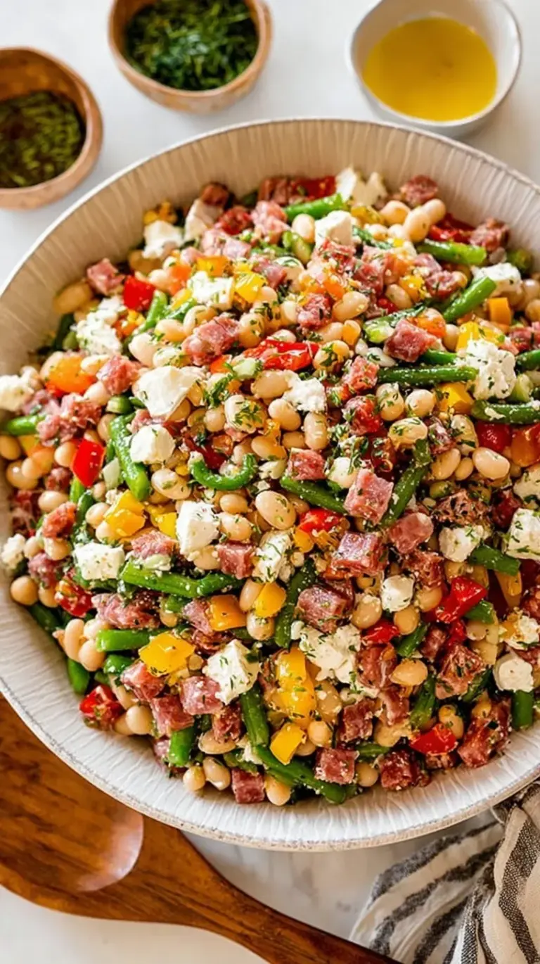 A colorful dense bean salad with chickpeas, cannellini beans, diced salami, and crumbled feta in a glass bowl.