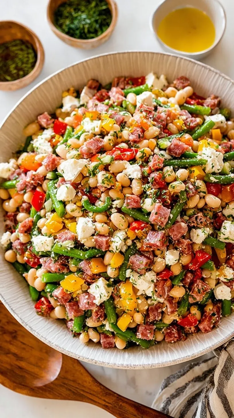 A colorful dense bean salad with chickpeas, cannellini beans, diced salami, and crumbled feta in a glass bowl.