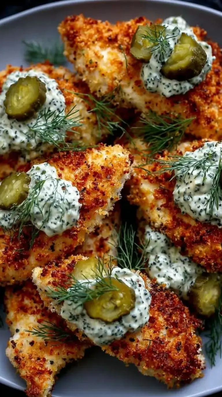 Golden brown crispy dill pickle parmesan chicken on a baking sheet with fresh dill garnish.