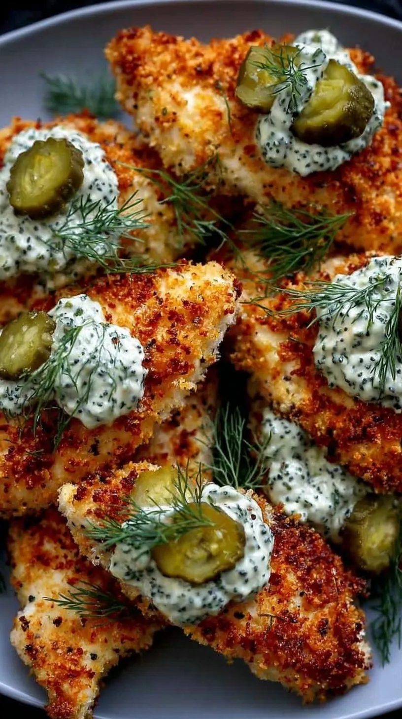 Golden brown crispy dill pickle parmesan chicken on a baking sheet with fresh dill garnish.
