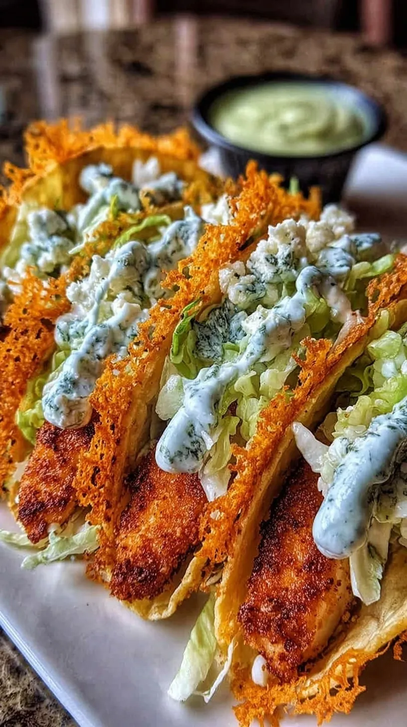 Golden brown chicken smash tacos with a lacy cheese edge, topped with shredded lettuce and pickles on a white plate.