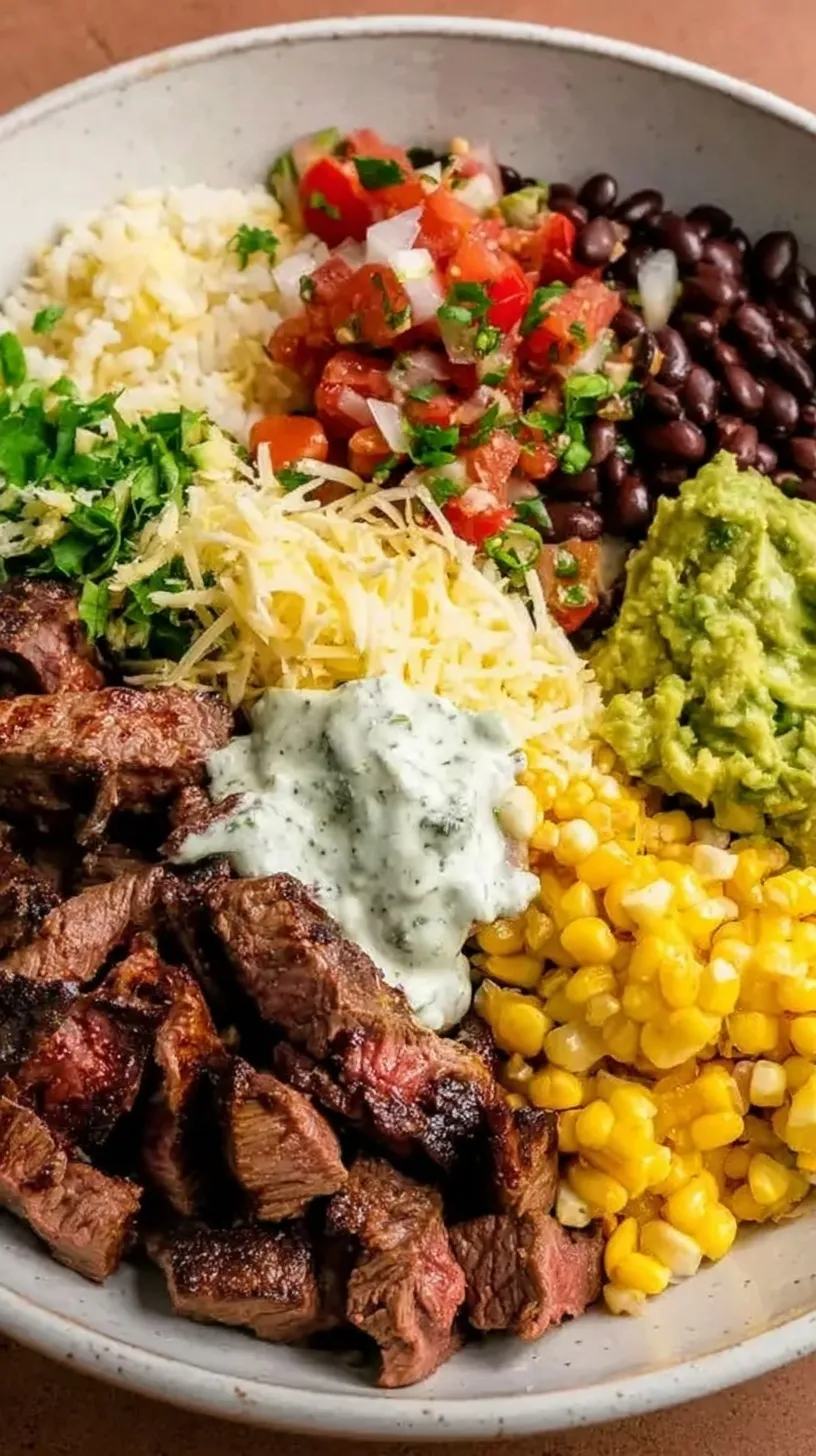 A vibrant DIY Chipotle Steak Bowl topped with seared steak, guacamole, and fresh pico de gallo.