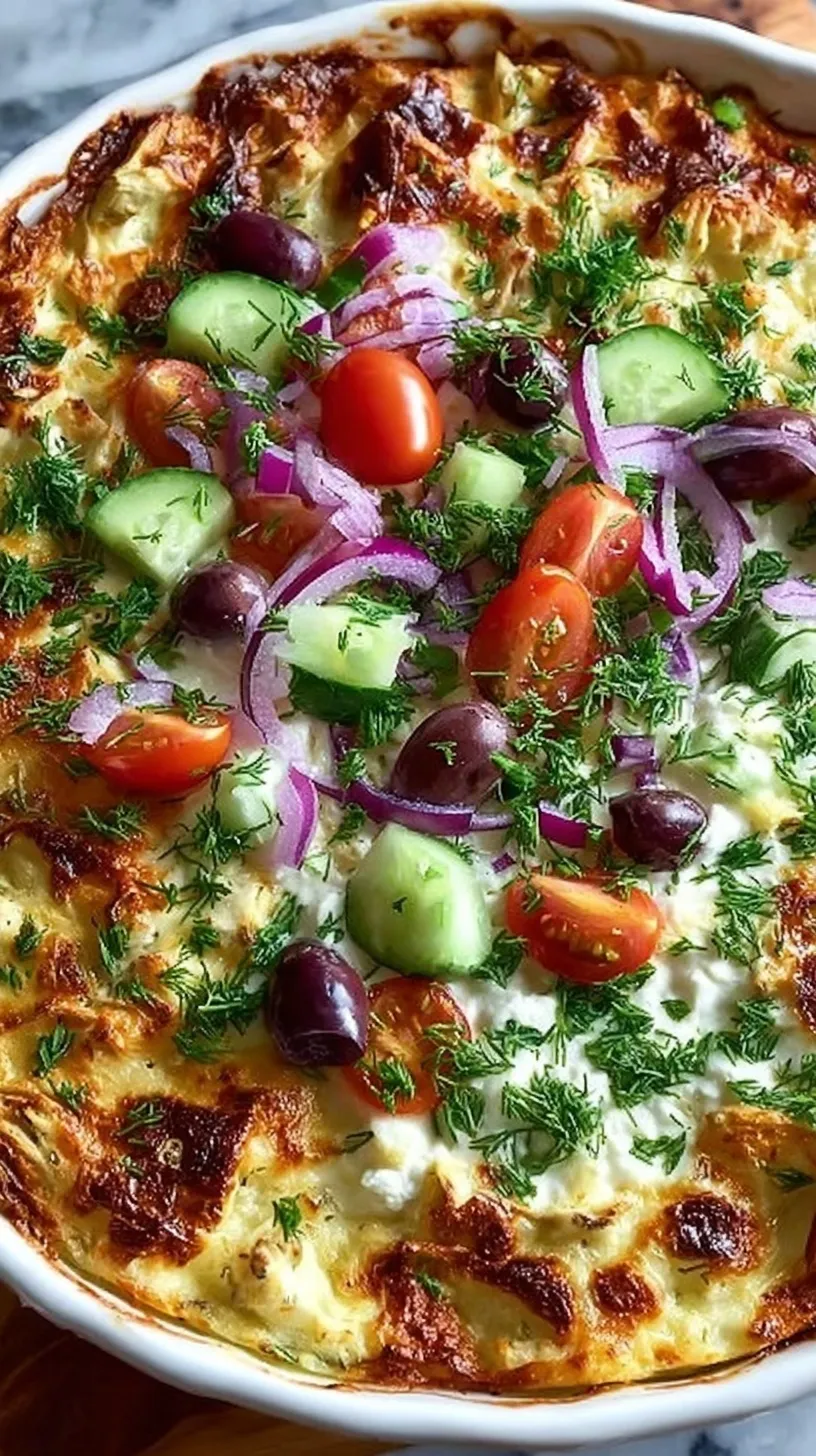 A white ceramic baking dish filled with Mediterranean chicken and rice topped with fresh cucumber, feta, and olives.