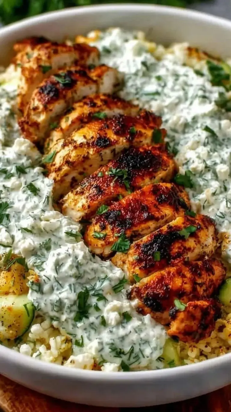 A Mediterranean-style chicken and pasta casserole topped with fresh cucumber, feta cheese, and dill in a white baking dish.