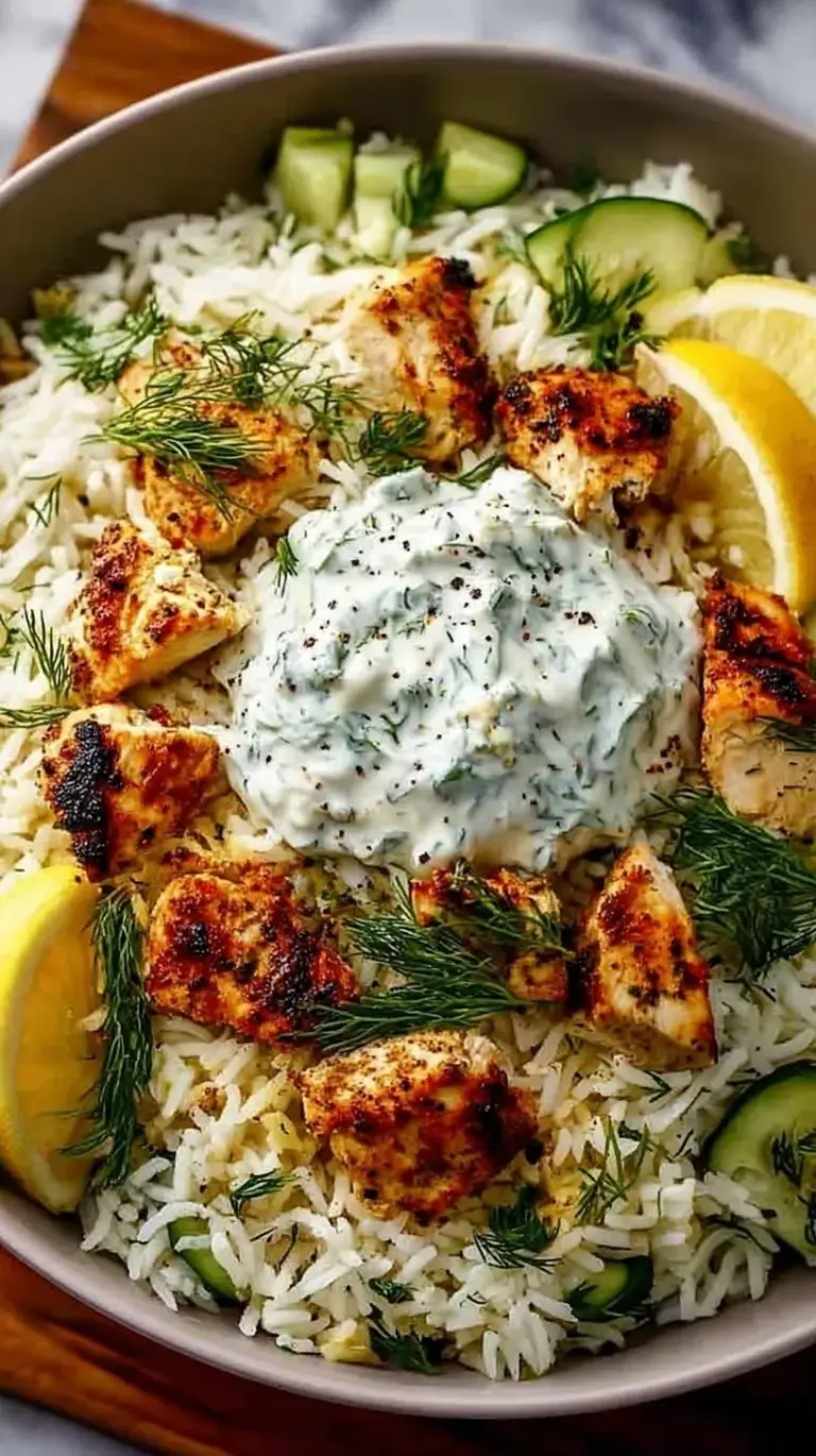 A white baking dish filled with Mediterranean chicken and rice topped with fresh cucumber, feta, and creamy tzatziki sauce.