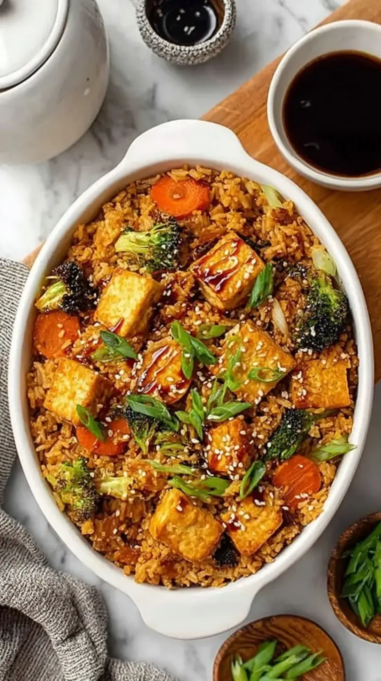 A close-up of a teriyaki tofu rice casserole in a baking dish with green onions and sesame seeds.