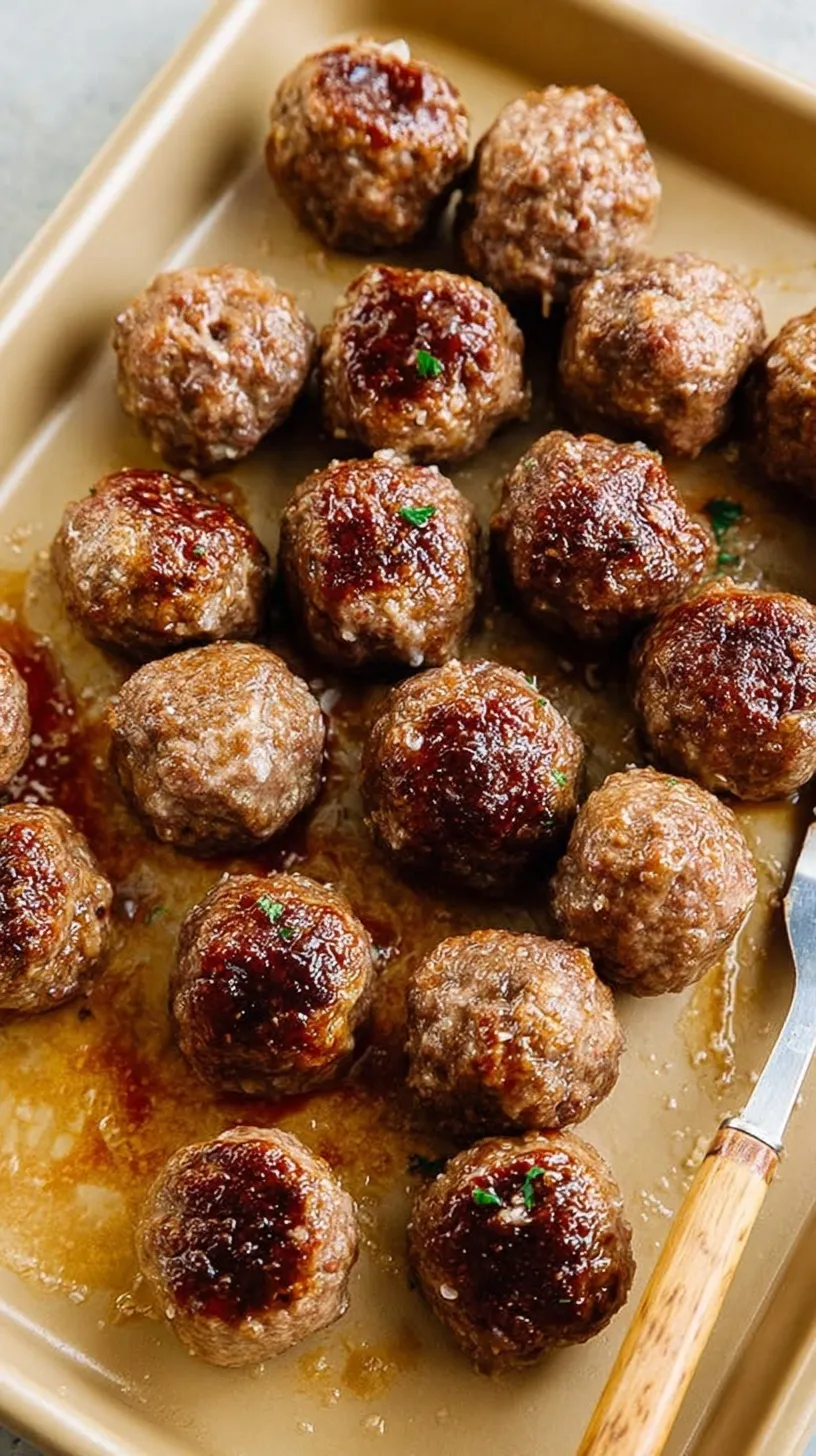 Golden brown baked meatballs on a parchment-lined baking sheet with fresh parsley
