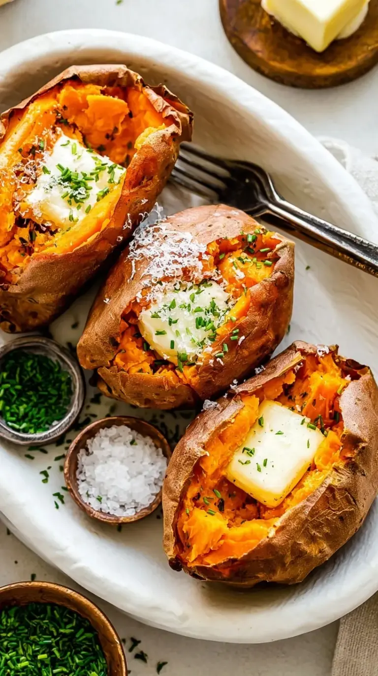 A perfectly roasted whole sweet potato sliced open to reveal a soft orange interior on a baking sheet.