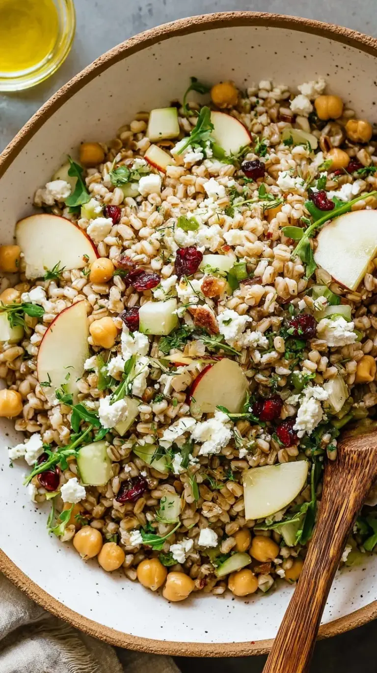 A vibrant glass bowl filled with pearl barley salad, chickpeas, diced cucumbers, and cherry tomatoes