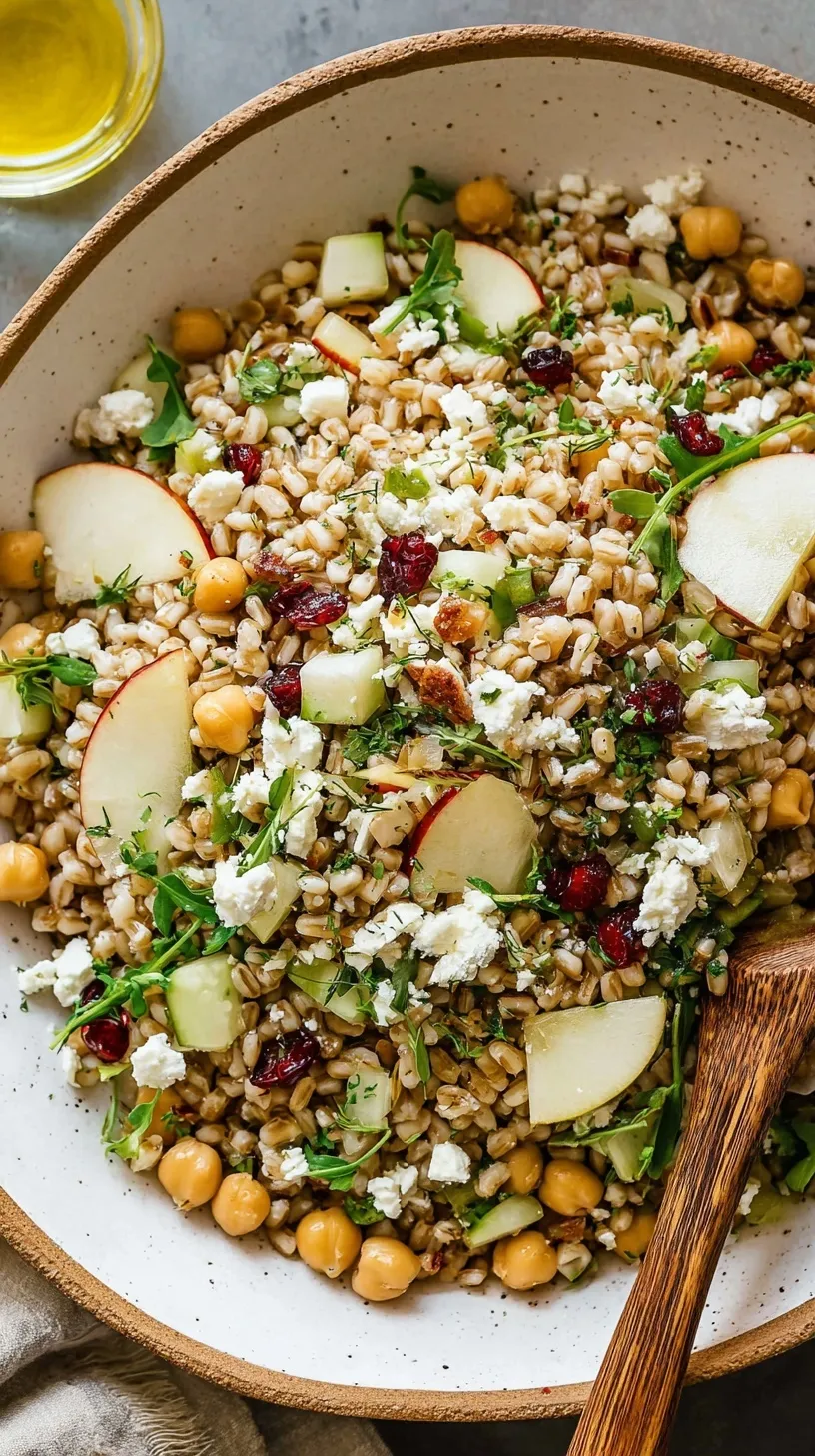A vibrant glass bowl filled with pearl barley salad, chickpeas, diced cucumbers, and cherry tomatoes