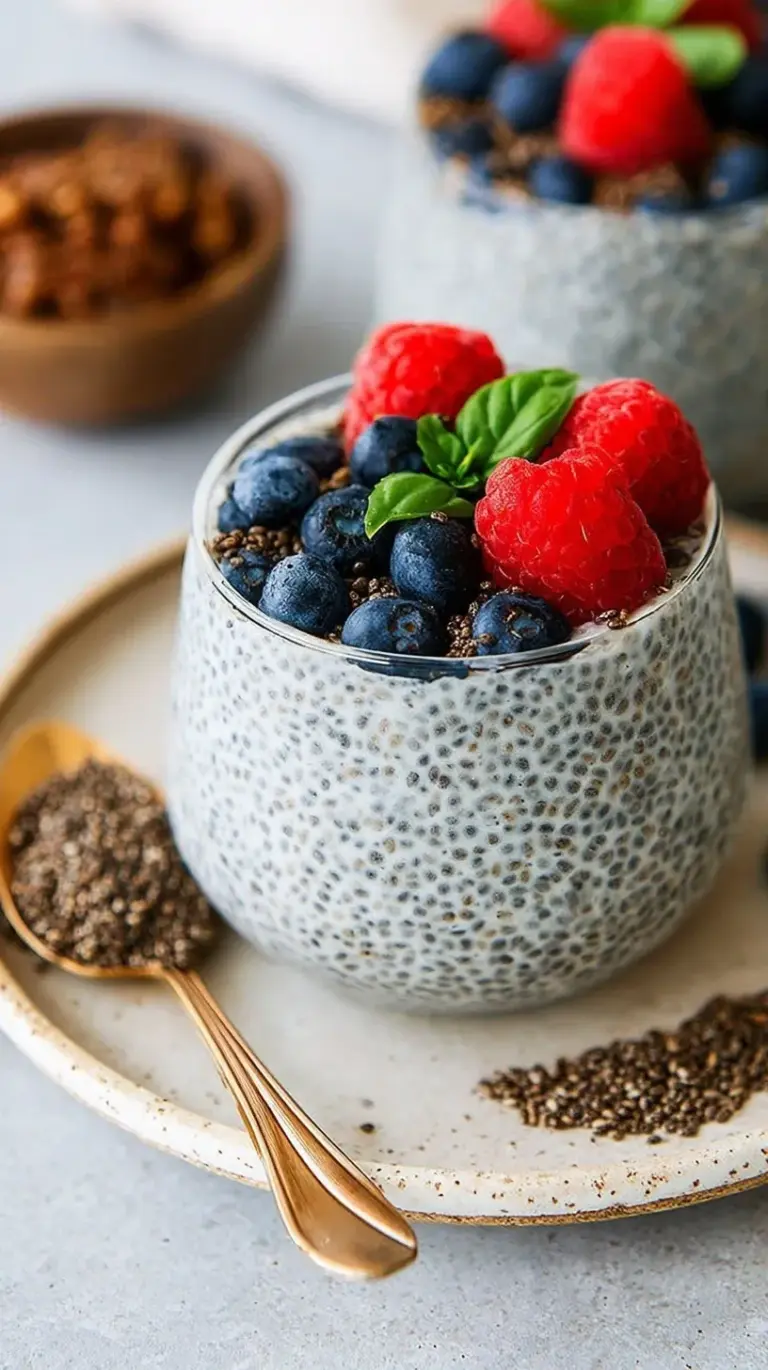 A clear glass jar filled with creamy basil seed pudding topped with a handful of fresh blueberries.