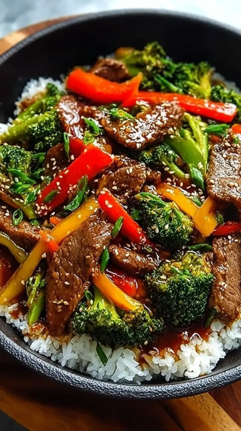 A steaming plate of easy beef stir fry with broccoli and red peppers over white rice.