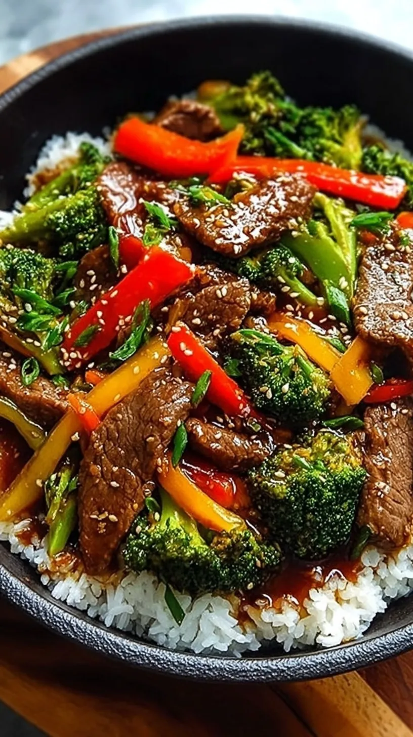 A steaming plate of easy beef stir fry with broccoli and red peppers over white rice.