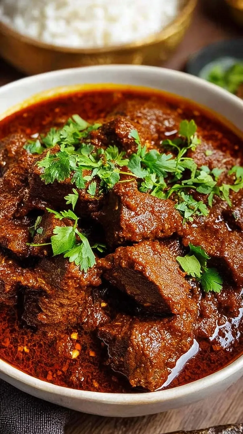 A bowl of steaming beef vindaloo garnished with fresh cilantro served over white rice